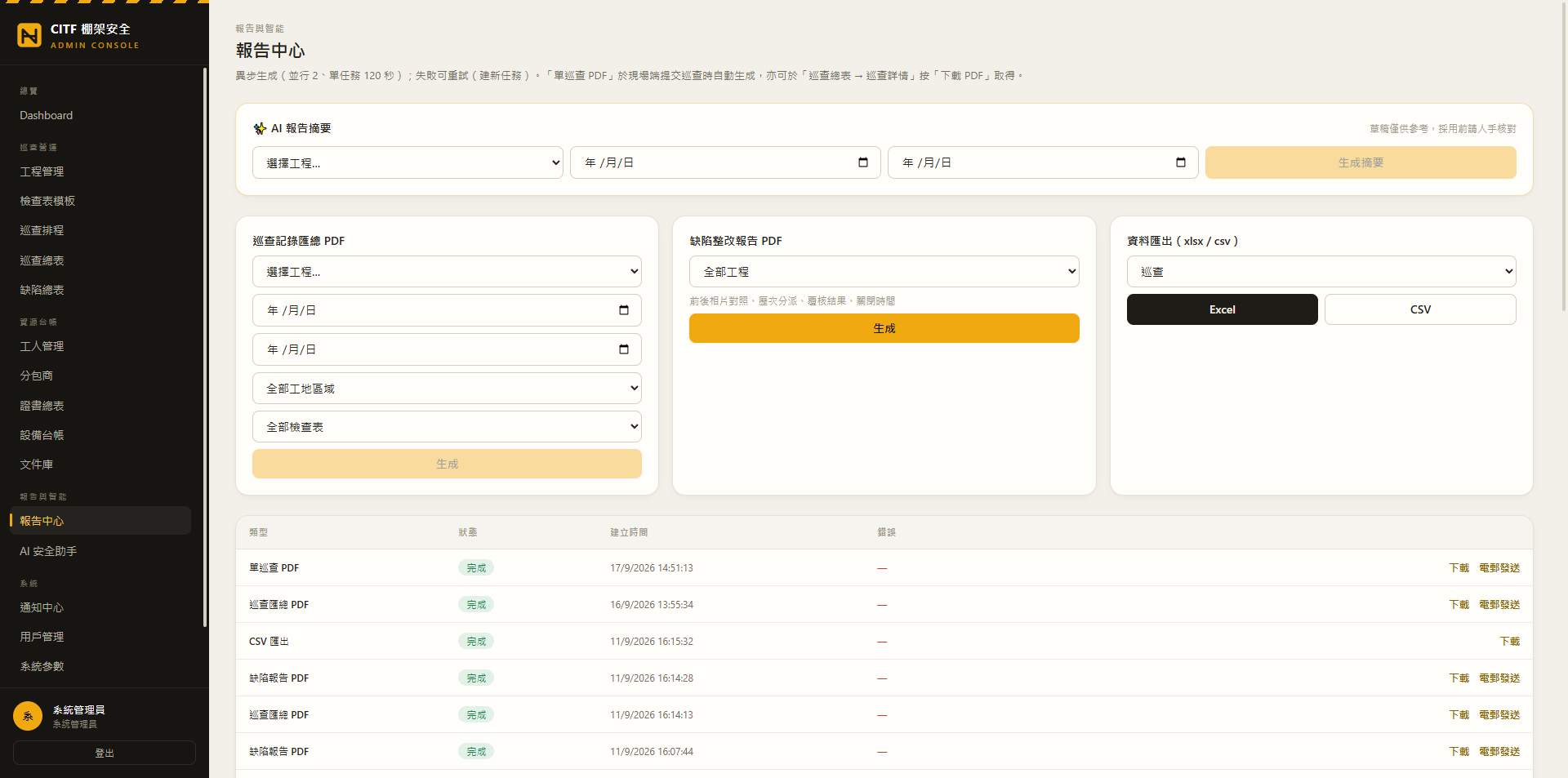 管理端報告中心,可輸出巡查報告、缺陷整改 PDF、Excel 及 CSV