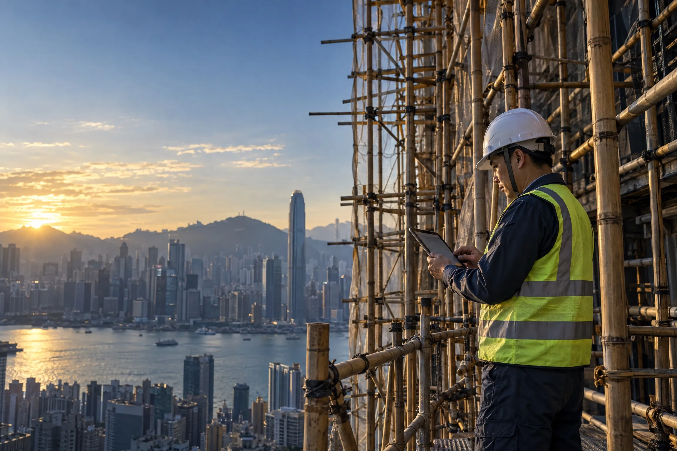 香港棚架工程現場,安全人員使用平板進行數碼巡查